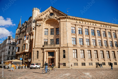 Riga, Latvia, 14 October 2021:  facade of historic radio building Dome Square, Key to Riga landmark of Old town, UNESCO recognized architecture at sunny day