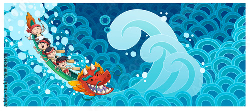 Chinese traditional dragon boat illustration for kids