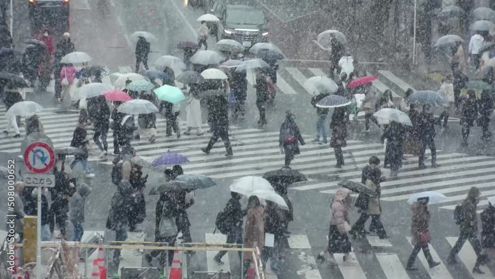 SHIBUYA, TOKYO, JAPAN - 6 JAN 2022 : Winter snow scenery around Shibuya crossing. Unidentified crowd of people at the street. Japanese urban city winter season and Christmas concept. Slow motion video SHIBUYA, TOKYO, JAPAN - 6 JAN 2022 : Winter snow scenery around Shibuya crossing. Unidentified crowd of people at the street. Japanese urban city winter season and Christmas concept. Slow motion video