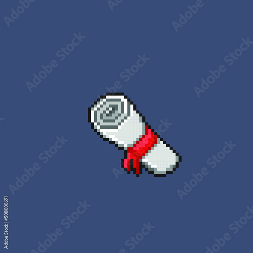 rolls of paper with red ribbon in pixel art style