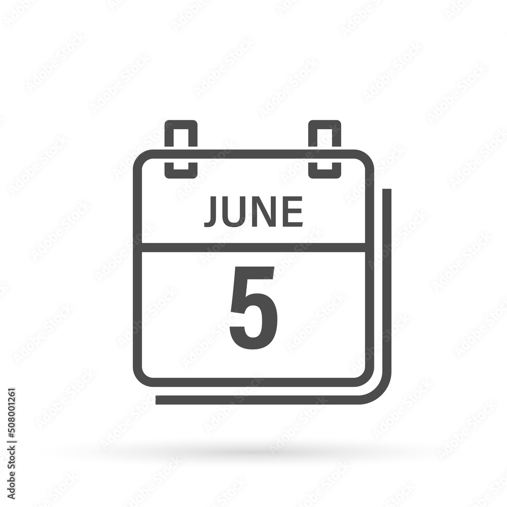 Calendar icon with shadow. June 5, Day, month. Flat vector illustration. Calendar icon with shadow. June 5, Day, month. Flat vector illustration.