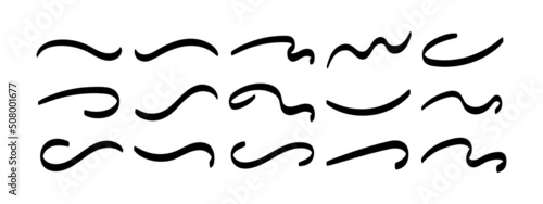 Swoosh underline, swish, swoop line vector set. Vector calligraphic swivel curved. Element for typography. Collection of black brush strokes. Isolated on white background. Retro style text tail