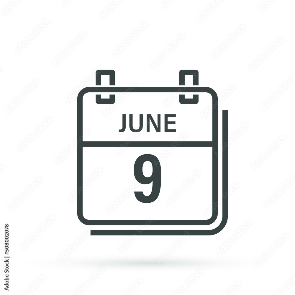Calendar icon with shadow. June 9, Day, month. Flat vector illustration. Calendar icon with shadow. June 9, Day, month. Flat vector illustration.