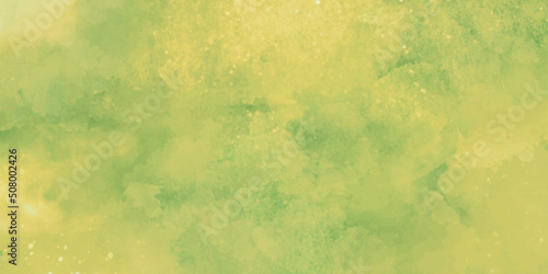 Abstract green watercolor background painting, dark green and yellow summer or spring design. Soft blurred fog or haze in sunlight sky. Background with marbled grunge texture and color splash design