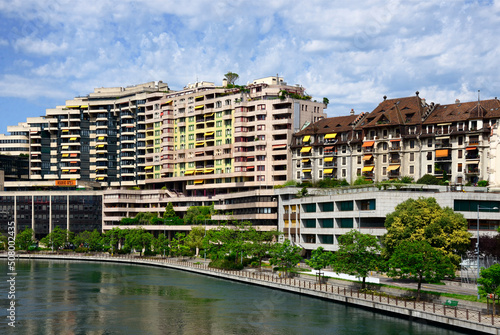 Residential buildings along Quai du Seujet, Rhone river, Geneva, Switzerland, Europe