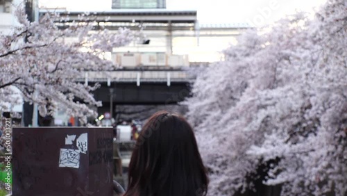 NAKAMEGURO, TOKYO, JAPAN - APR 2022 : Cherry blossoms at Meguro river and unidentified people wearing masks to protect from Coronavirus. Japanese spring season in COVID-19 pandemic. Slow motion shot. photo