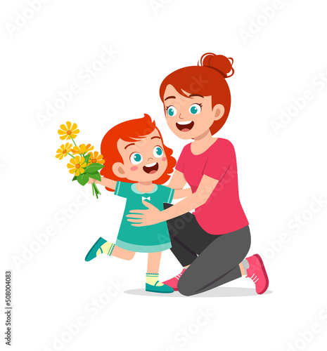 little kid give a flower to mother