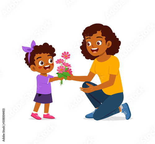 little kid give a flower to mother