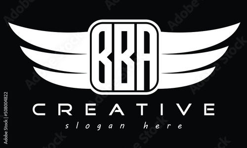 BBA three Letter Wings Flying Initial wing symbol minimalist creative flag logo design, Vector template