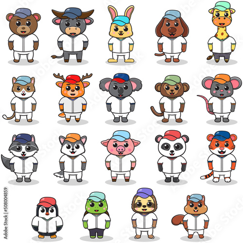 Vector Illustration of Cute Animal with Baseball costume. Set of cute Animal characters.