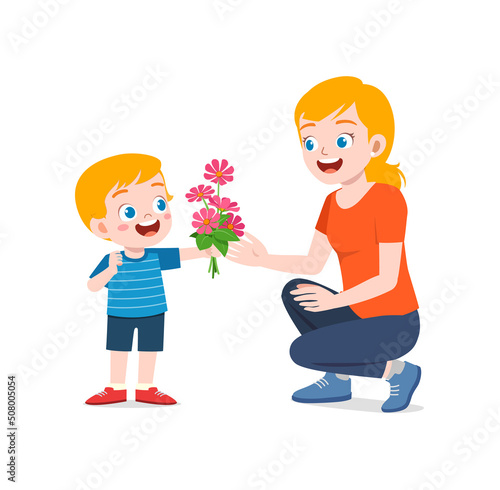 little kid give a flower to mother