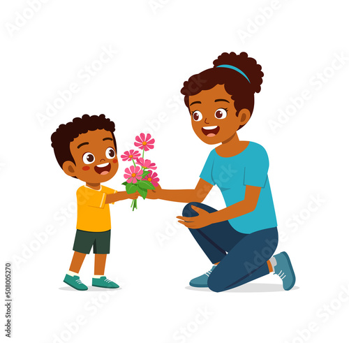 little kid give a flower to mother