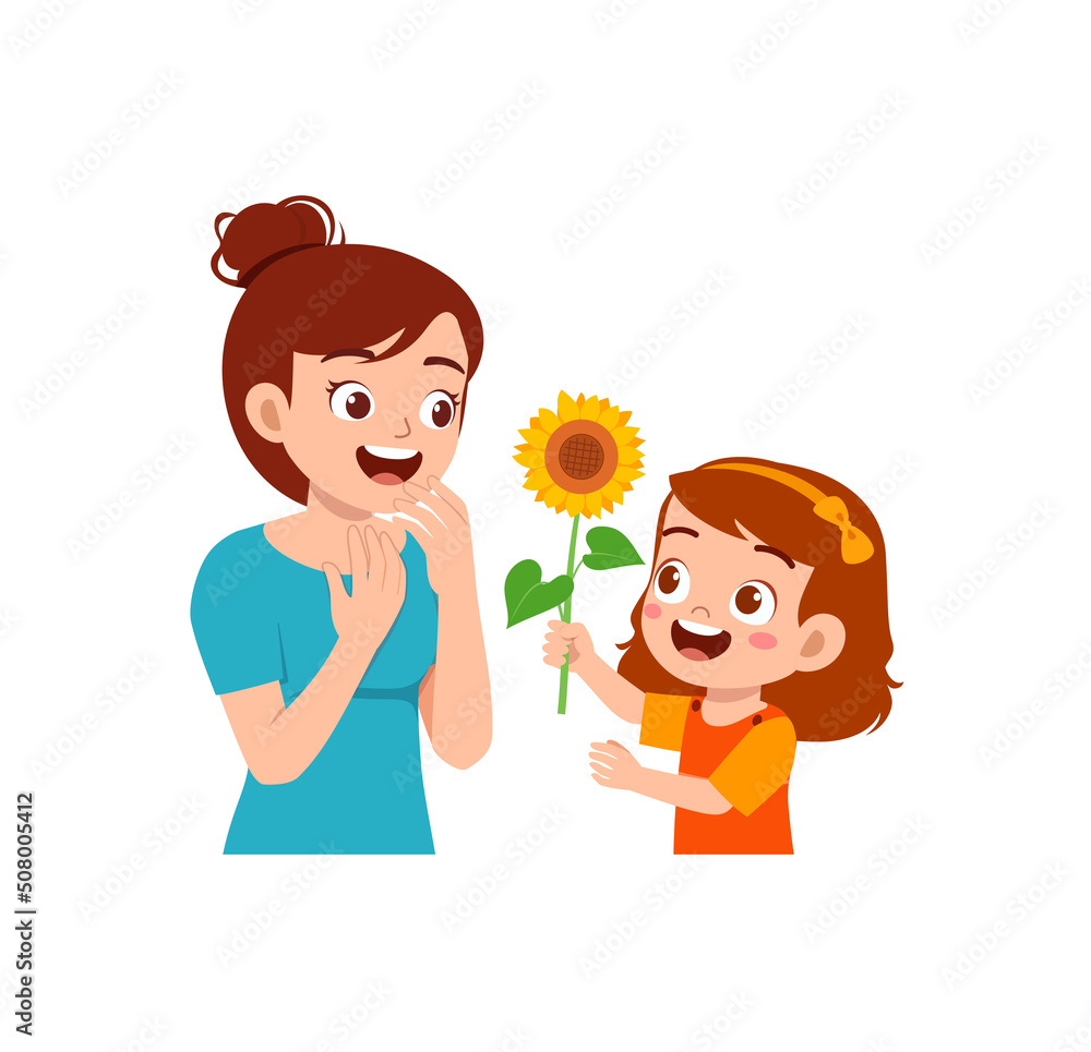 little kid give a flower to mother little kid give a flower to mother