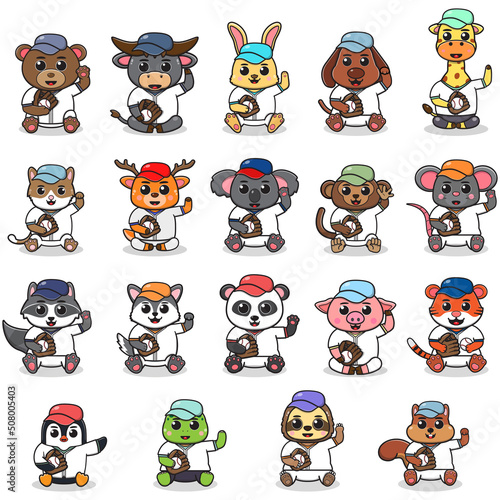 Vector Illustration of Cute Animal sitting with Baseball costume. Set of cute Animal characters.