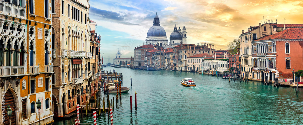 Beautiful  romantic Venice town over sunset. View of Grand canal from Academy' bridge. Italy travel and landmarks