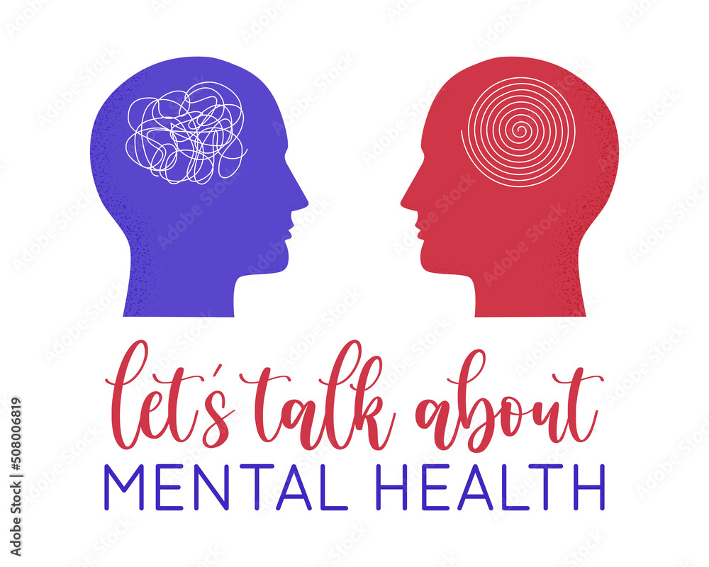Vector illustration of Let's talk about Mental Health brush lettering with 2 Head human silhouette isolated on white background. Concept of Psychology, Dual personality, Tangle and untangle brain