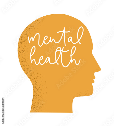 Vector illustration of human head silhouette isolated on white background with Mental Health brush lettering. Concept of Psychology, psycho therapy, dual personality, mood disorder