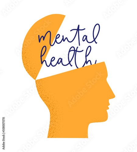 Vector illustration of human head silhouette isolated on white background with Mental Health brush lettering. Concept of Psychology, psycho therapy, dual personality, mood disorder
