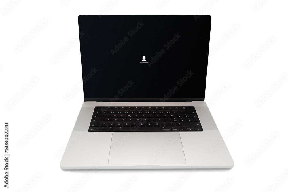 Downloading icon on laptop computer isolated, white background Downloading icon on laptop computer isolated, white background