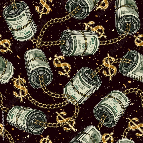 Money seamless pattern with rolls of 100 dollars bills, gold chains, dollar sign. Black background with small gold particles like gold dust, motes. Detailed vector illustration in vintage style.