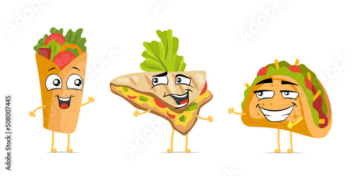 Mexican food funny cartoon character set. Mexico cuisine cute happy face emoticons mascot collection. Smiling latin american burrito. Vector joyful quesadilla. Comic expression tacos eps illustration
