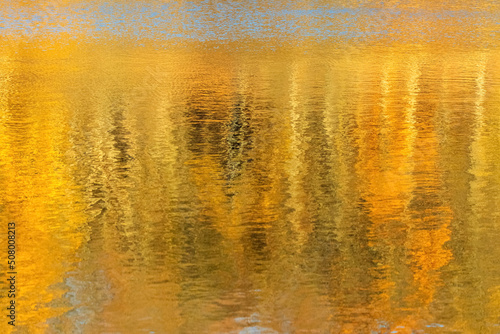 Abstract autumn background with reflection of yellow and orange trees in the river water