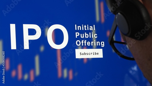 IPO, investor subscribing to an initial public offering. Debut of a company on the stock exchange, launch, launching, ipo on financial market. photo