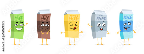 Milk cardboard box funny smiling cartoon character set. Dairy drink cute happy face expression mascot collection. Different milky beverage paper packages joyful comic emoticons vector eps illustration