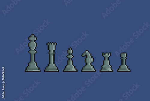 black chess piece set in pixel art style