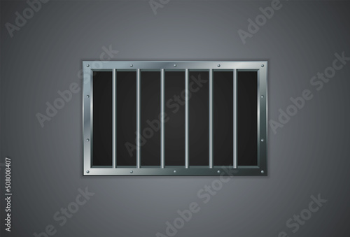 Vector illustration of prison bars window on dark wall. Realistic prison metal lattice. Jail window with bars. Jail break. 