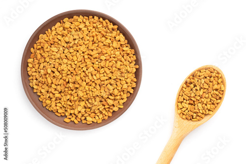 Fenugreek (Trigonella foenum-graecum) in clay plate and wooden spoon on white background isolated. Macro. Flat lay. Indian cuisine, ayurveda, naturopathy concept