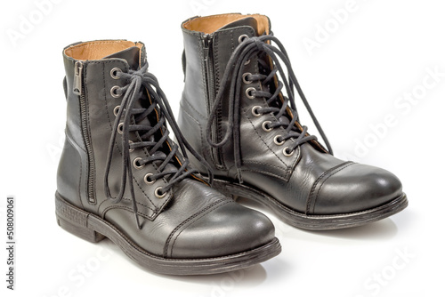 High black man's leather boots. Isolated on a white background with clipping path included
