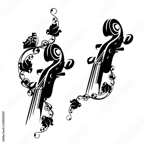 violin among blooming rose stems - string instrument neck and pegbow with flowers and butterfly black and white vector design set