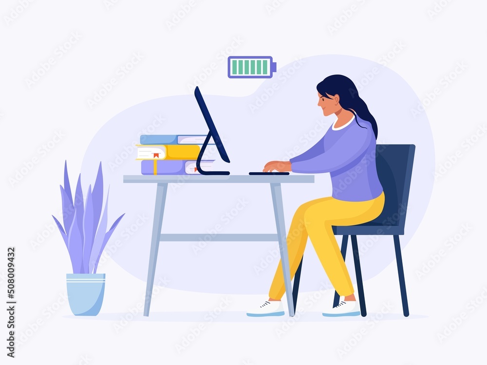 Energetic business woman working at table with computer. Fully charged active girl. Mentally healthy employee. Battery Full of energy. Professional productivity, motivation and enthusiasm. Vector Energetic business woman working at table with computer. Fully charged active girl. Mentally healthy employee. Battery Full of energy. Professional productivity, motivation and enthusiasm. Vector