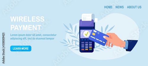 Contactless payment. Human hand holding credit or debit card close to the POS terminal to pay. Transaction by NFC technology. Vector design photo