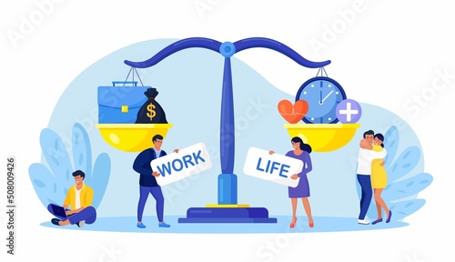 Life and work balance on scales. People keep harmony choose between career and money versus health and time, leisure or business. Comparison stress and healthy life, family, love versus job. Vector 