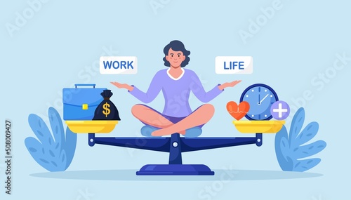 Life and work balance on scales. Woman keep harmony choose between career and money versus health and time, leisure or business. Comparison stress and healthy life, family, love versus job. Vector 