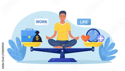 Life and work balance on scales. Man keep harmony choose between career and money versus health and time, leisure or business. Comparison stress and healthy life, family, love versus job. Vector photo