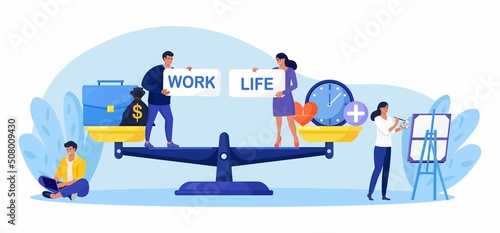 Life and work balance on scales. People keep harmony choose between career and money versus health and time, leisure or business. Comparison stress and healthy life, family, love versus job. Vector
