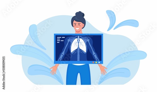 Fluorography exam of patient in hospital. X-ray scanning of woman. Chest xray screening. Roentgen photography, chest radiography. Pulmonological examination. Lungs with tuberculosis, cancer, asthma.  