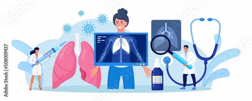 Fluorography and x ray scanning of patient. Doctor doing chest x-ray screening. Radiologist doing lungs checkup procedure, analysing fluoroscopy images, roentgen photography, chest radiography. Vector photo