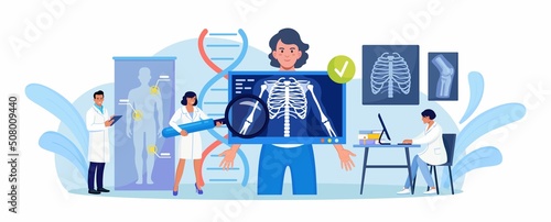 Woman Standing behind X Ray Machine for Examination of Chest. X-ray Medical Diagnostics, Bones Skeleton Checkup. Radiology Body Scanner for Diagnosis Patient Disease. Roentgen of Chest Bone. Vector