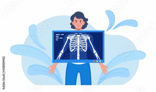 X-ray Medical Diagnostics Bones, Skeleton Checkup. Roentgen of Chest Bone. Radiology Body Scanner, Equipment Scanning Human Body for Patient Disease. Fluorography Exam. Injury and Trauma Diagnosis.
