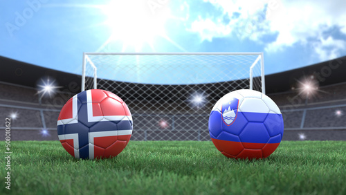 Two soccer balls in flags colors on stadium blurred background. Norway and Slovenia. 3d image