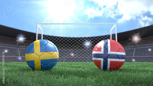 Two soccer balls in flags colors on stadium blurred background. Sweden and Norway. 3d image