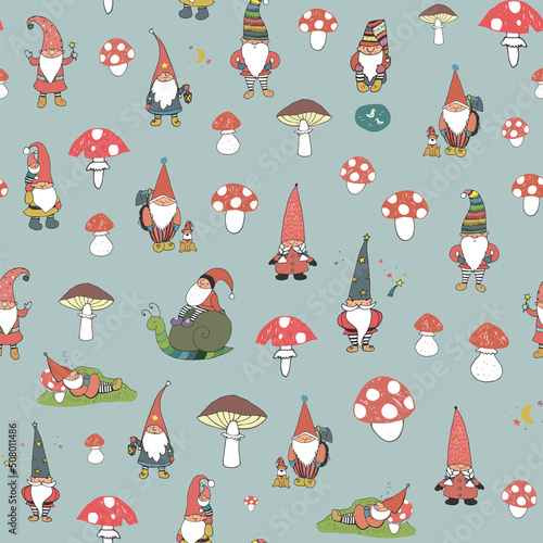 gnomes with houses and forest mushrooms vector seamless pattern