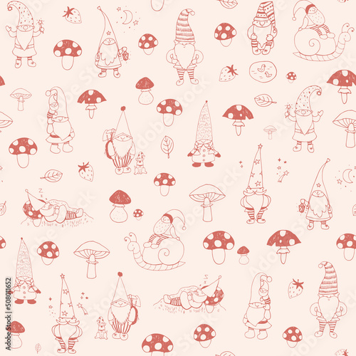 gnomes with houses and forest mushrooms vector seamless line pattern