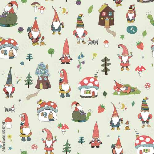 gnomes with houses and forest mushrooms vector seamless pattern