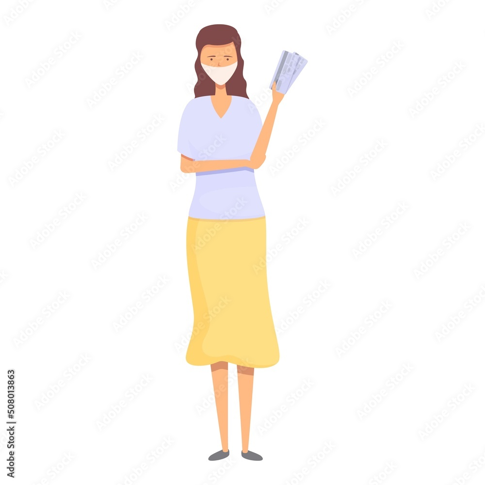 Woman in mask with tickets icon cartoon vector. Vacation travel. Trip family Woman in mask with tickets icon cartoon vector. Vacation travel. Trip family
