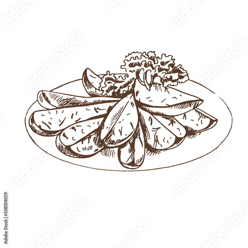 Baked potato chipsfries on the dish.  Vector  sketch of Fresh organic Potato.  Hand drawn  illustration.  Great for label, poster, print.